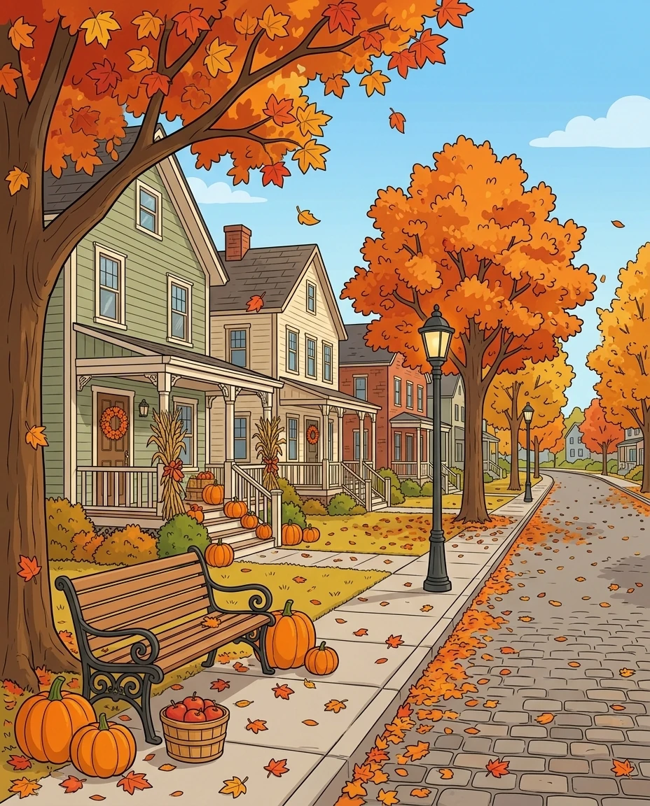 Maple Street back cover with decorated porches, a bench, street lamps and pumpkins beneath orange maple trees.