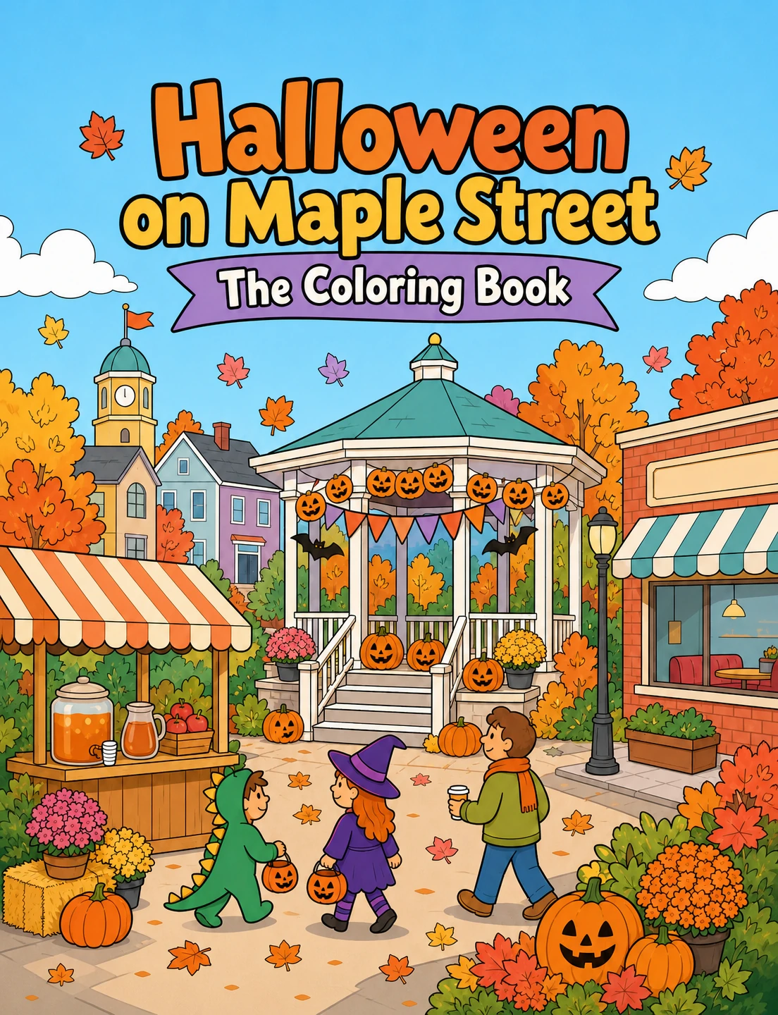 Halloween on Maple Street cover with costumed children, pumpkin decorations and a park gazebo beneath autumn trees.