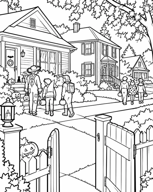 Children in costumes trick-or-treating at a pumpkin-decorated house on a leafy street, coloring page.