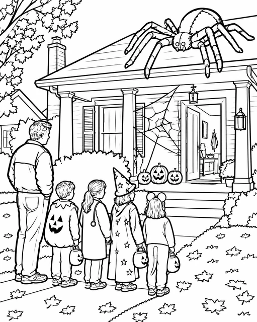 Four children in costumes and an adult at a porch with jack-o'-lanterns and a giant spider, coloring page.
