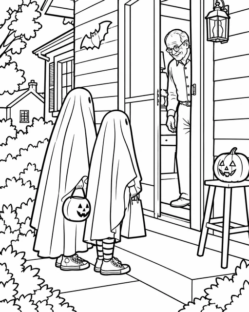 Two children dressed as ghosts trick-or-treating at a neighbor’s porch with a jack-o’-lantern, coloring page.
