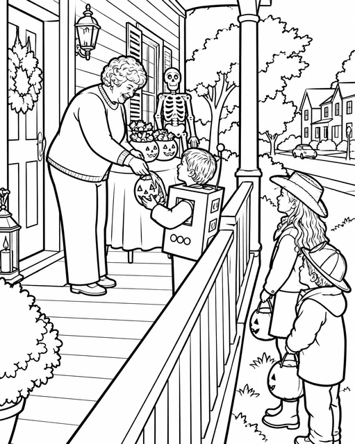 Children in costumes receiving candy from a smiling woman on a decorated porch, coloring page