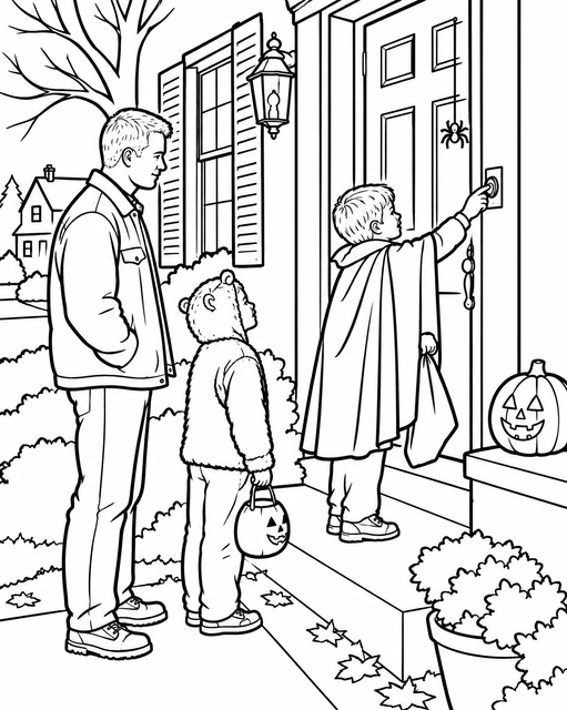 Two children in Halloween costumes ring a front doorbell with an adult nearby and a jack-o'-lantern, coloring page.