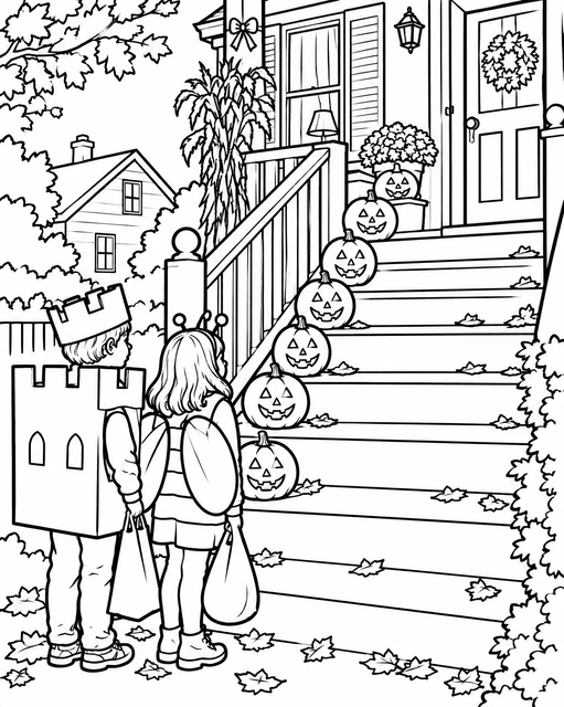 Two children in costumes at a front porch lined with jack-o'-lanterns and autumn leaves, coloring page.