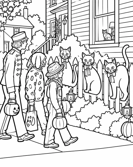 Three children in costumes walking past a picket fence with four cats, some wearing bows, coloring page.