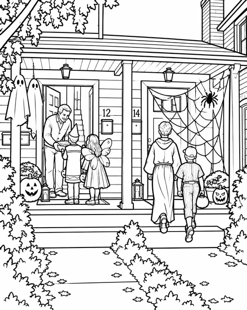 Children in costumes trick-or-treating at a porch with jack-o'-lanterns and spider webs, coloring page.