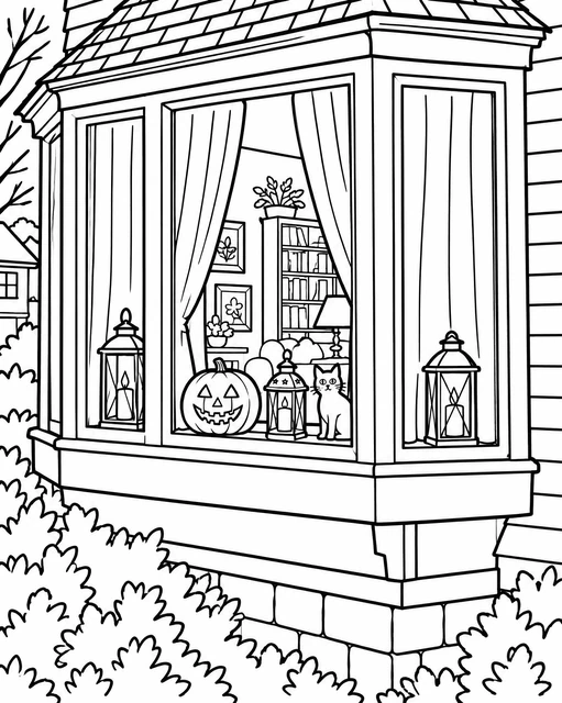 A jack-o'-lantern and a cat in a bay window with lanterns and curtains, autumn bushes outside, coloring page.