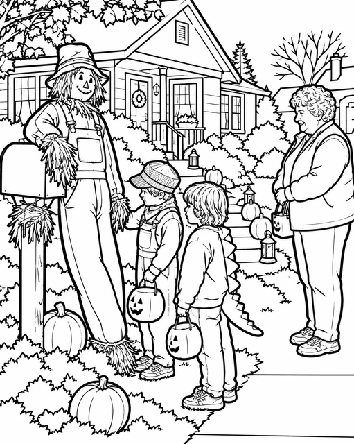 Two children in costumes and an adult by a mailbox scarecrow in front of a pumpkin-decorated house, coloring page.