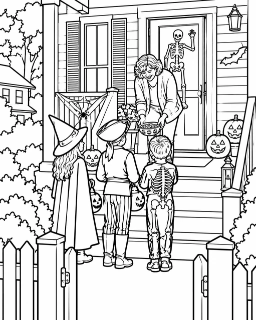 Three costumed children receiving candy from a woman on a decorated porch with jack-o’-lanterns, coloring page