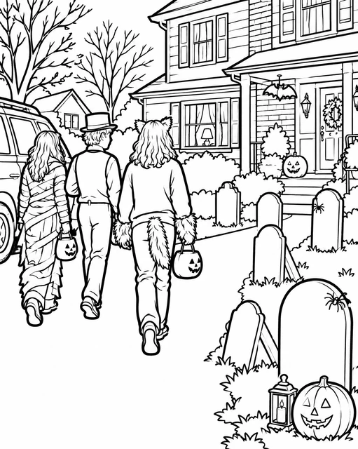 Three children in costumes walking past tombstones toward a house with jack-o'-lanterns, coloring page.