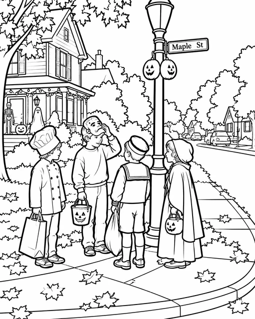 Four children in Halloween costumes standing by a lamp post with pumpkin lanterns on a leafy corner, coloring page.