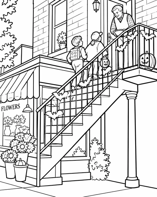 Two trick-or-treaters on decorated stairs receiving candy at a townhouse above a flower shop, coloring page.