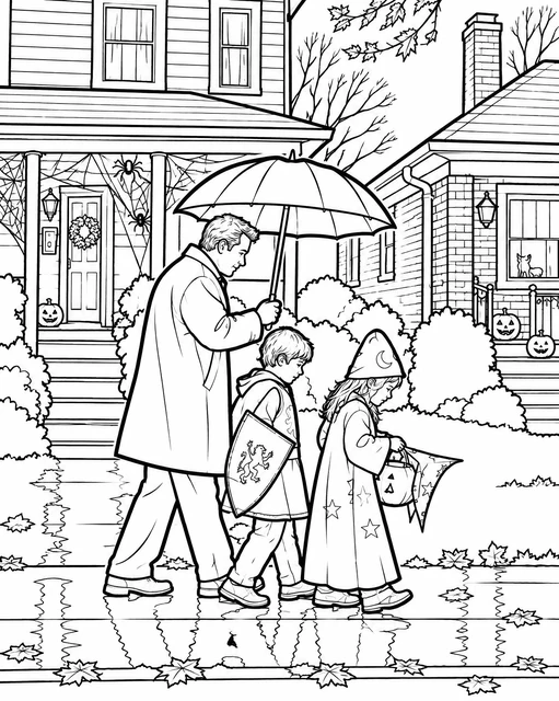 Two children in costumes and an adult with an umbrella walking past decorated houses, coloring page