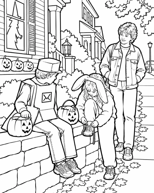 Two children in costumes sitting on a stone wall with pumpkin buckets, beside an adult and autumn leaves, coloring page.