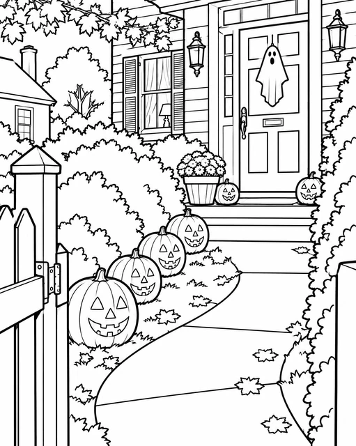 Jack-o'-lanterns lining a front walkway to a decorated porch with a ghost on the door, coloring page.