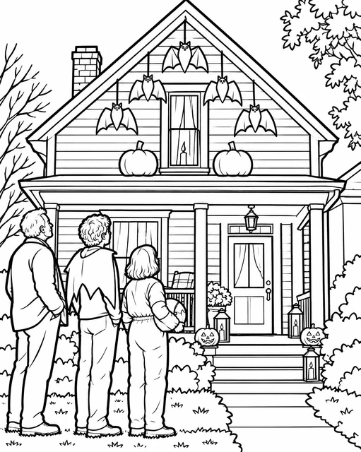 Three people looking at a house decorated with hanging bats and pumpkins on the porch, coloring page