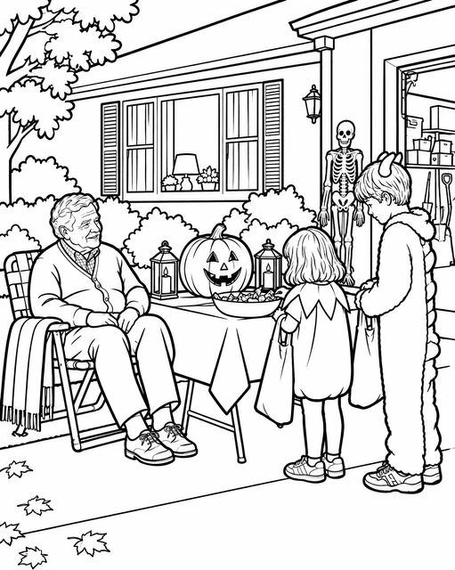 Two children in costumes receiving candy from an elderly person on a decorated porch, coloring page.
