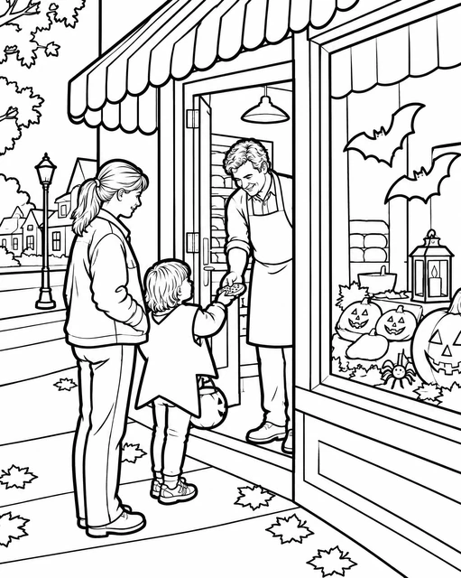 Child in costume receiving a treat from a baker at a decorated shop, with jack-o'-lanterns and bats, coloring page.