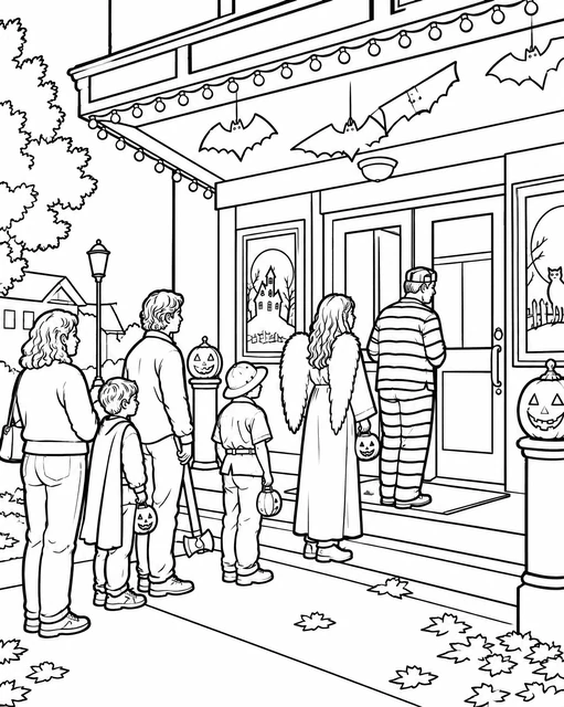 Children in Halloween costumes lined up at a porch with jack-o'-lanterns and bat decorations, coloring page.