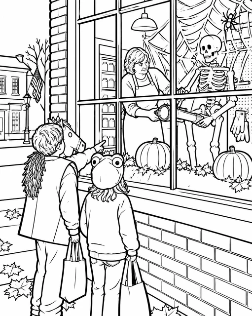 Two children in animal costumes looking into a decorated shop window with pumpkins and a skeleton, coloring page.