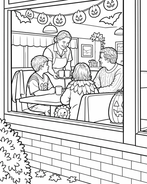 A family seated in a diner decorated with jack-o'-lanterns and bats, served by a smiling waitress, coloring page.