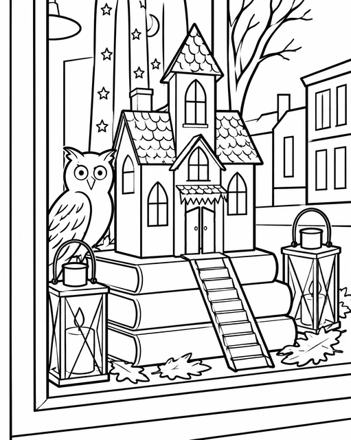 Owl beside a miniature haunted house on stacked books in a window with lanterns, coloring page