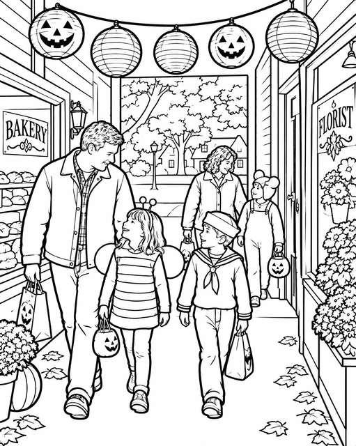 Families in costumes walking between a bakery and florist under jack-o'-lantern lanterns, coloring page
