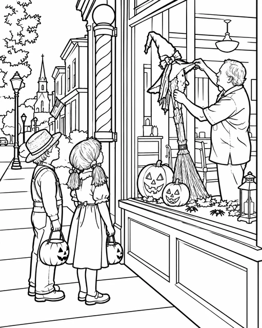 Shopkeeper hanging a witch hat and broom in a store window with jack-o'-lanterns, two children watching, coloring page.