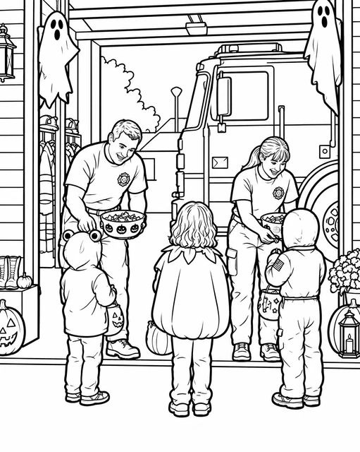 Firefighters handing out candy to costumed children in front of a fire truck, coloring page