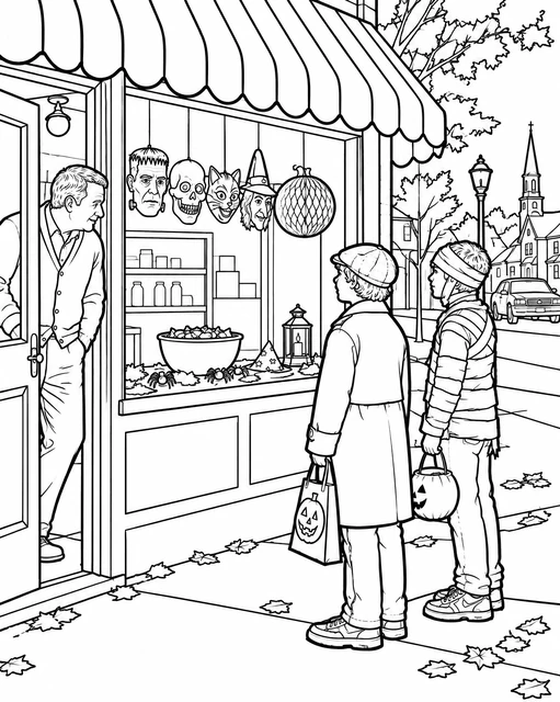 Two children with pumpkin treat bags outside a decorated candy shop window, autumn leaves on the sidewalk, coloring page.