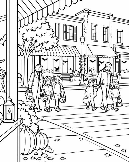 Two families with children in costumes crossing a decorated main street lined with pumpkins, coloring page.