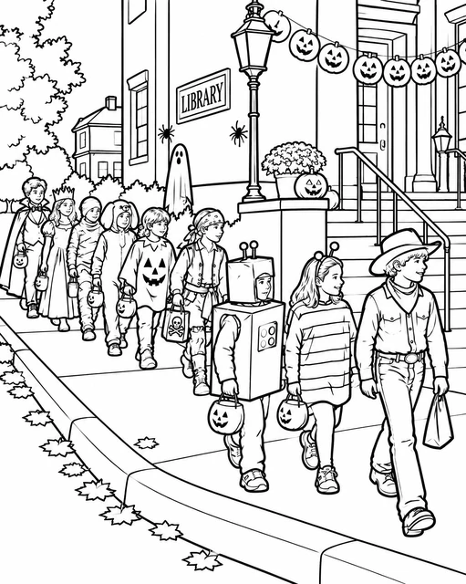 Children in Halloween costumes walking past a decorated library with pumpkin lanterns, coloring page