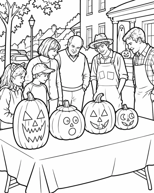 Four carved pumpkins on a table with families gathered around outside a house, coloring page