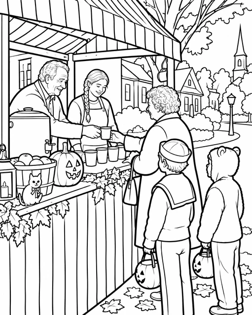 A festive cider stand with adults serving drinks to costumed children and a pumpkin display, coloring page.