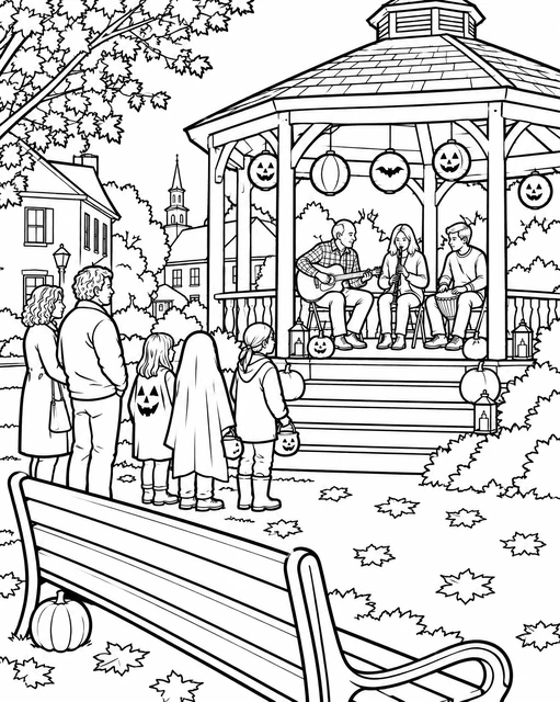 Musicians playing in a gazebo decorated with jack-o'-lanterns as children in costumes watch, coloring page