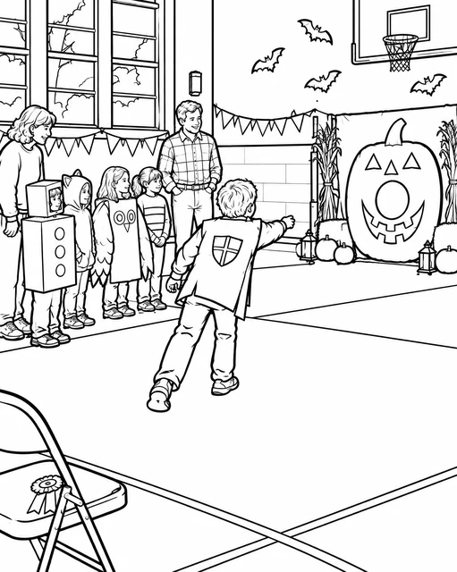 Children in costumes playing a pumpkin toss game in a decorated gym with a giant jack-o'-lantern, coloring page.