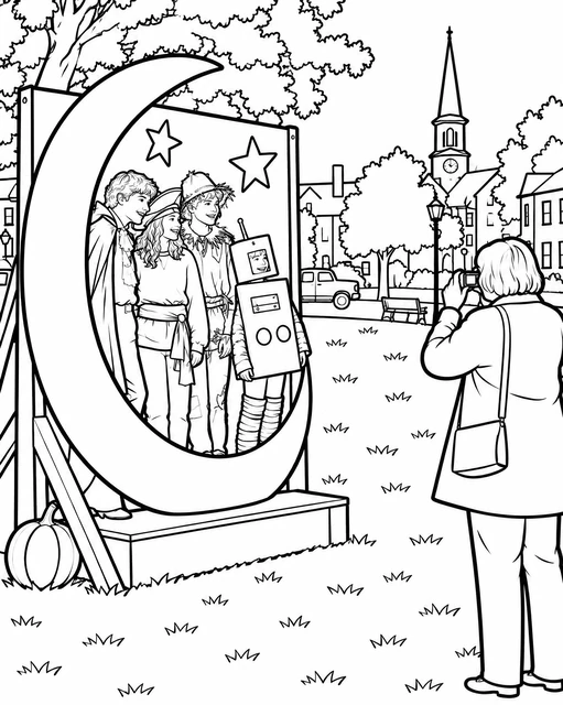 Four children in Halloween costumes posing on a crescent moon photo set in a town square, coloring page.