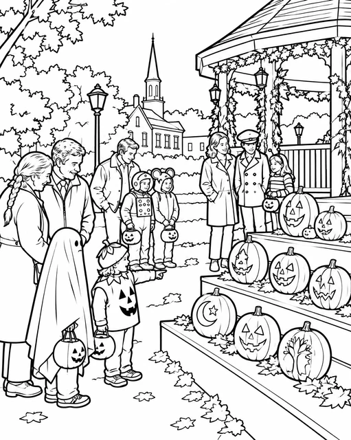 Families and children in costumes gather around a gazebo with carved pumpkins on display, coloring page.
