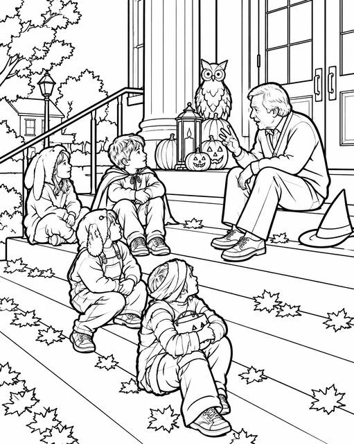 Children in costumes listening to an older man tell a story on a decorated porch with pumpkins and an owl, coloring page.