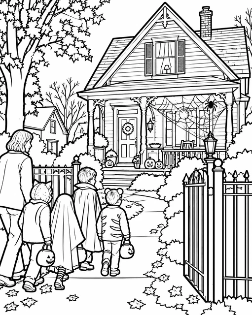 Children in costumes walking up to a house with jack-o'-lanterns and spider webs on the porch, coloring page.