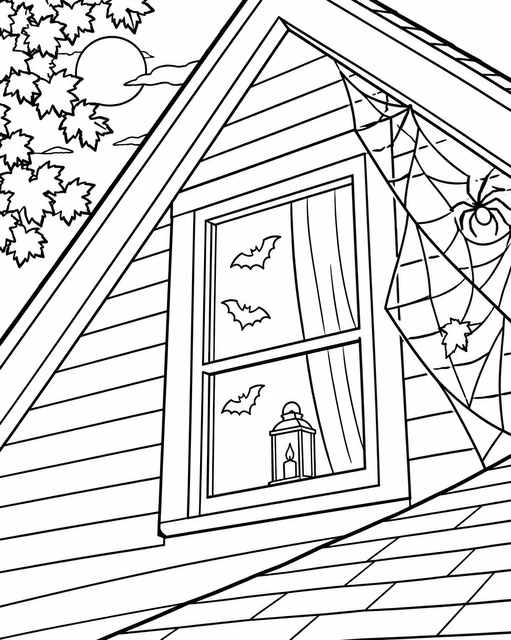 An attic window with bats, a lantern, and a spiderweb on the roof, coloring page.