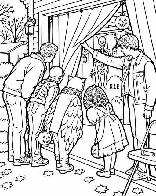 Children in costumes peeking into a decorated garage with skeletons and tombstones, coloring page