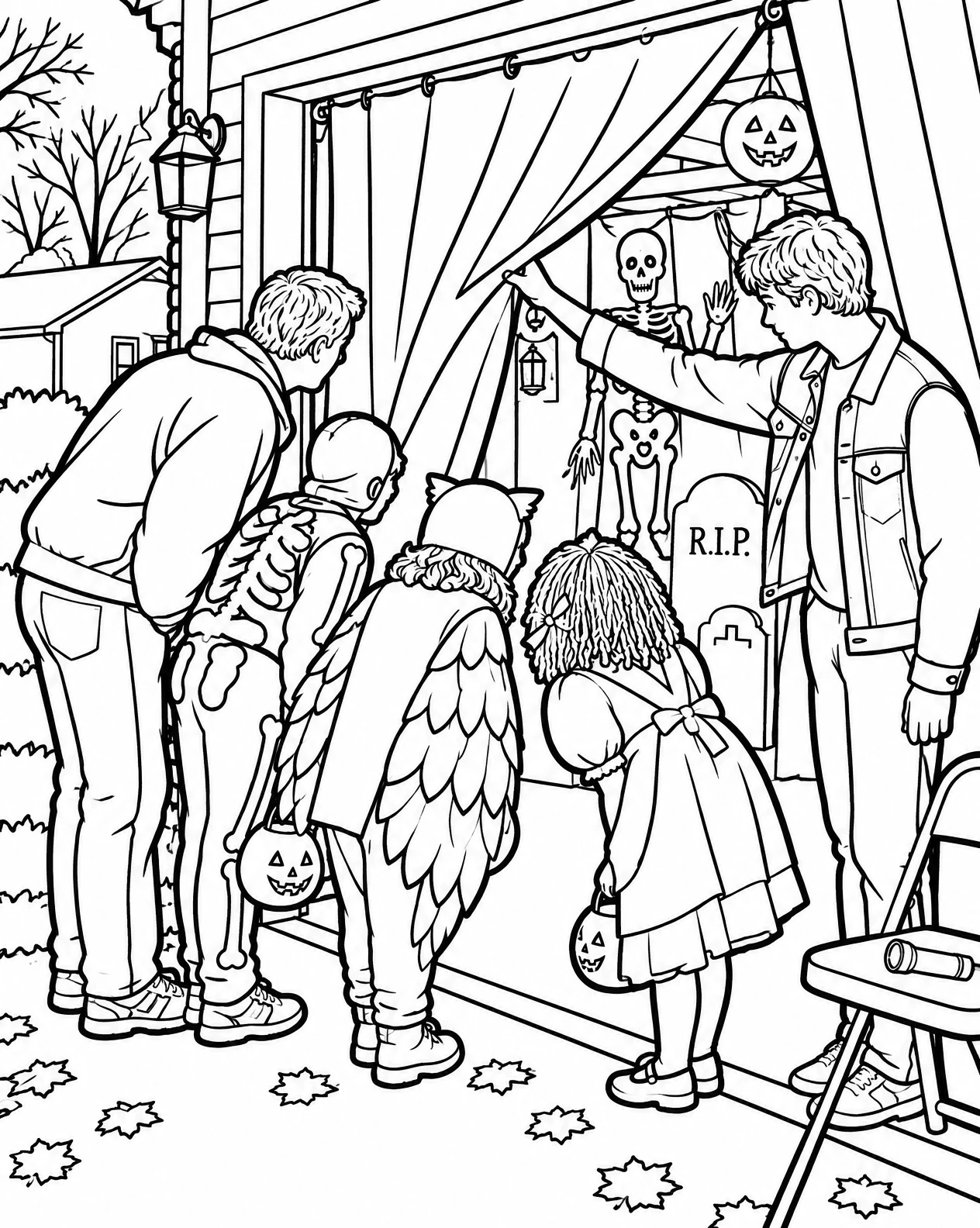 Trick-or-Treaters Visit a Haunted Garage – Halloween on Maple Street coloring page 40 Children in costumes peeking into a decorated garage with skeletons and tombstones, coloring page