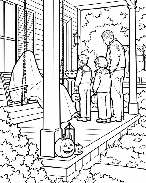 Three trick-or-treaters and an adult at a porch with jack-o'-lanterns and a ghostly swing, coloring page.