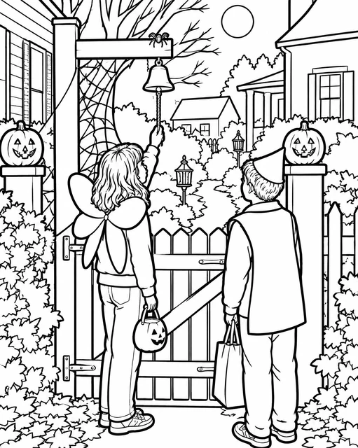 Two children in costumes ringing a bell at a garden gate with jack-o'-lanterns, coloring page.