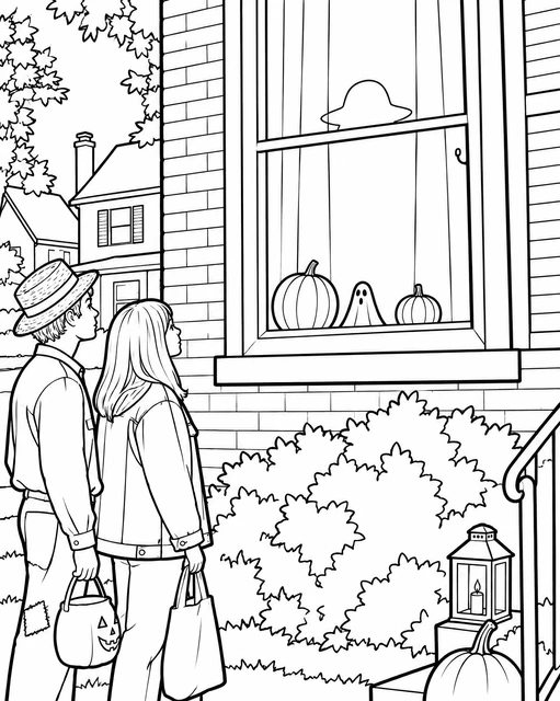 Two trick-or-treaters looking at a window with pumpkins and a ghost decoration, coloring page