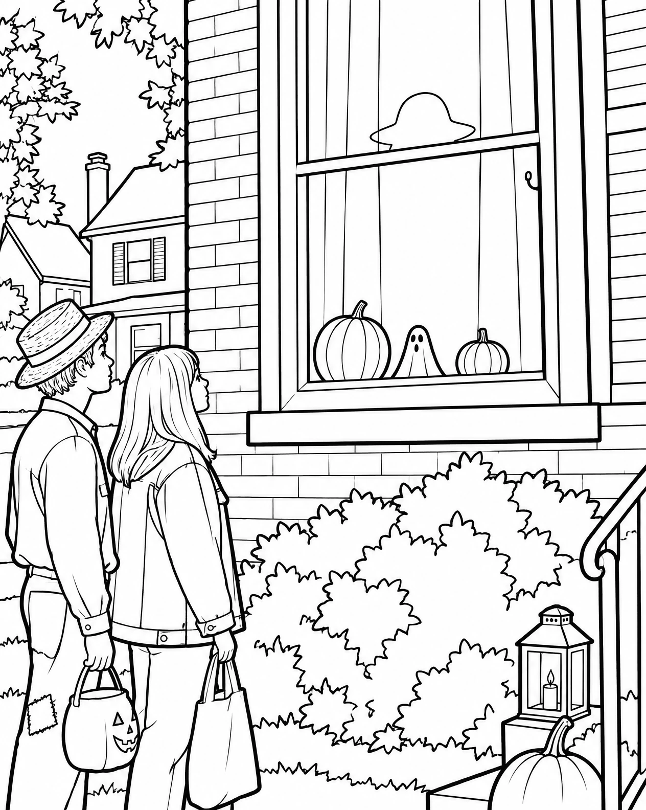 Trick-or-Treaters at a Decorated Window – Halloween on Maple Street coloring page 43 Two trick-or-treaters looking at a window with pumpkins and a ghost decoration, coloring page