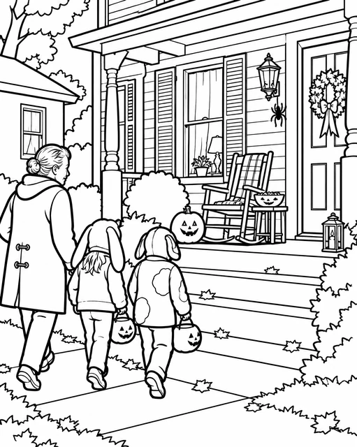 Two children in animal costumes and an adult walking toward a porch with jack-o'-lanterns and autumn leaves, coloring page