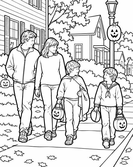 A family with two children in costumes walking on a leafy sidewalk with jack-o'-lantern buckets, coloring page.
