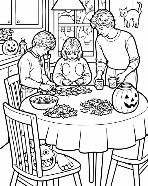 Children and an adult sorting Halloween candy at a kitchen table with a jack-o'-lantern and a cat, coloring page.
